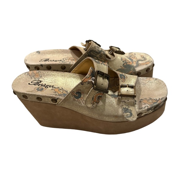 Rare Vtg Bridget Platform Wedge Leather Sandals Dragon Tattoo Print, Sz 9 - Picture 4 of 16